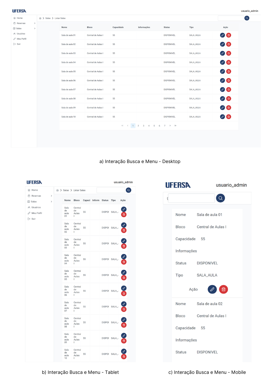 Todas as telas da interação de buscar e barra de menu